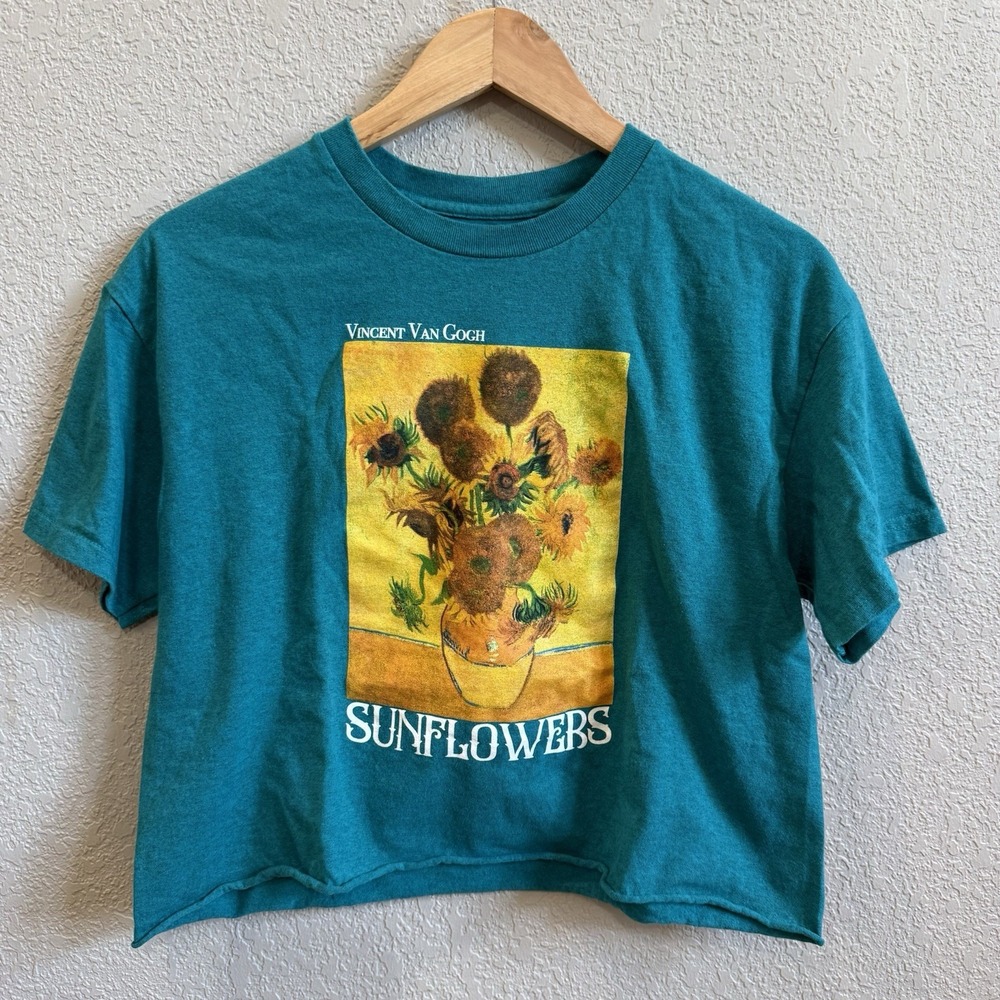 Van Gogh Sunflowers Cropped T-Shirt Screen Printed Roll Hem Women's M